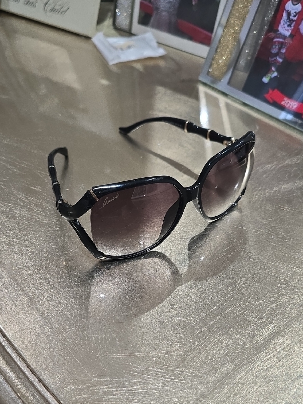 Gucci Black Gradient Lens Bamboo-Style Frame Sunglasses